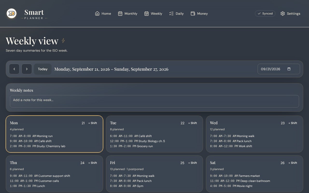 SMART Planner weekly view with example appointments on desktop