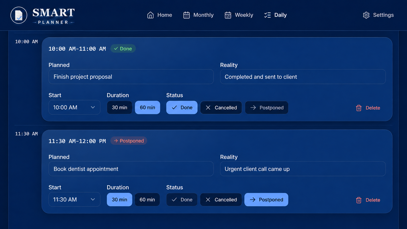 SMART Planner daily view with Planned and Reality