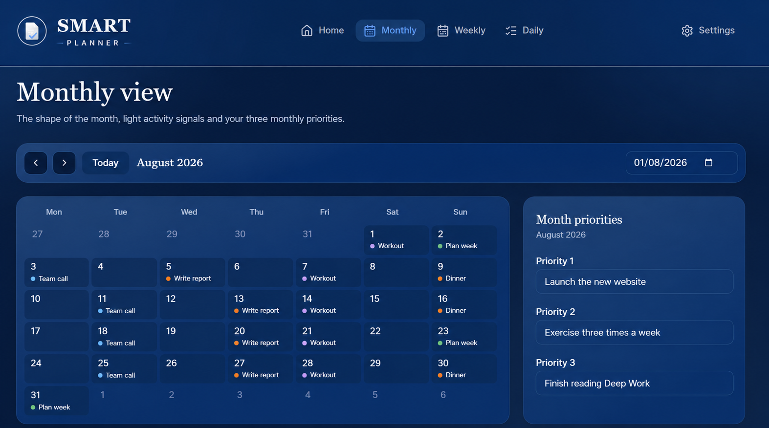 SMART Planner monthly view on tablet