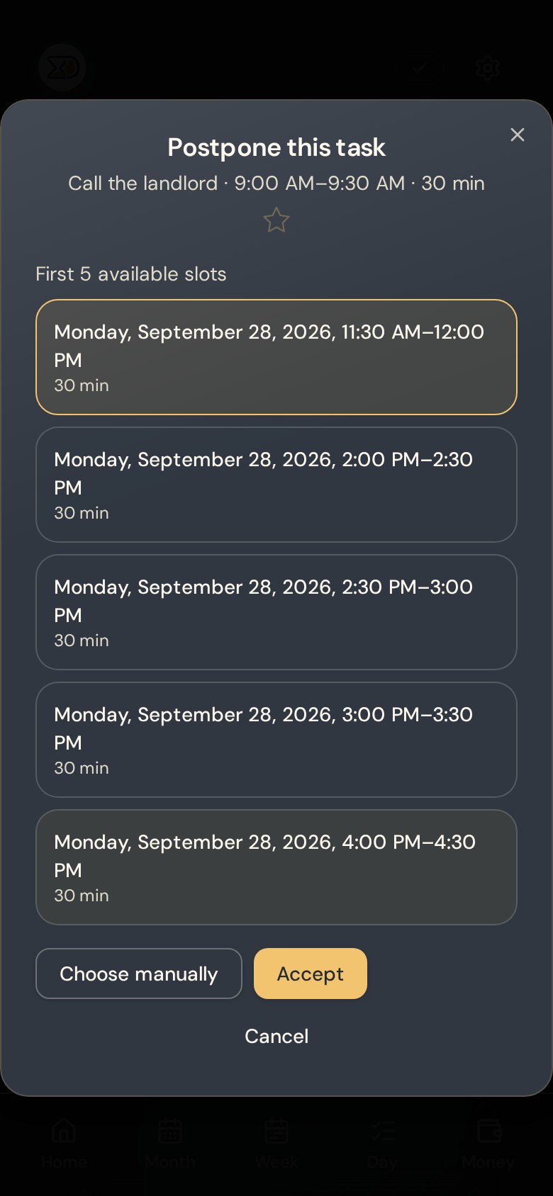 Postpone a task in SMART Planner SMART Planner showing five real available slots for a postponed example task