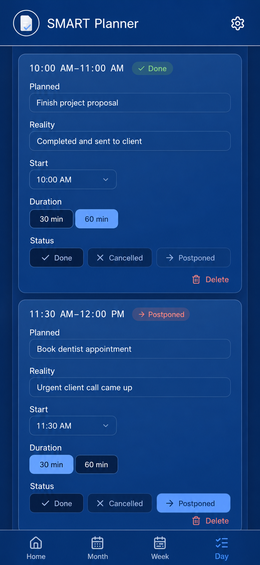 SMART Planner daily view on smartphone